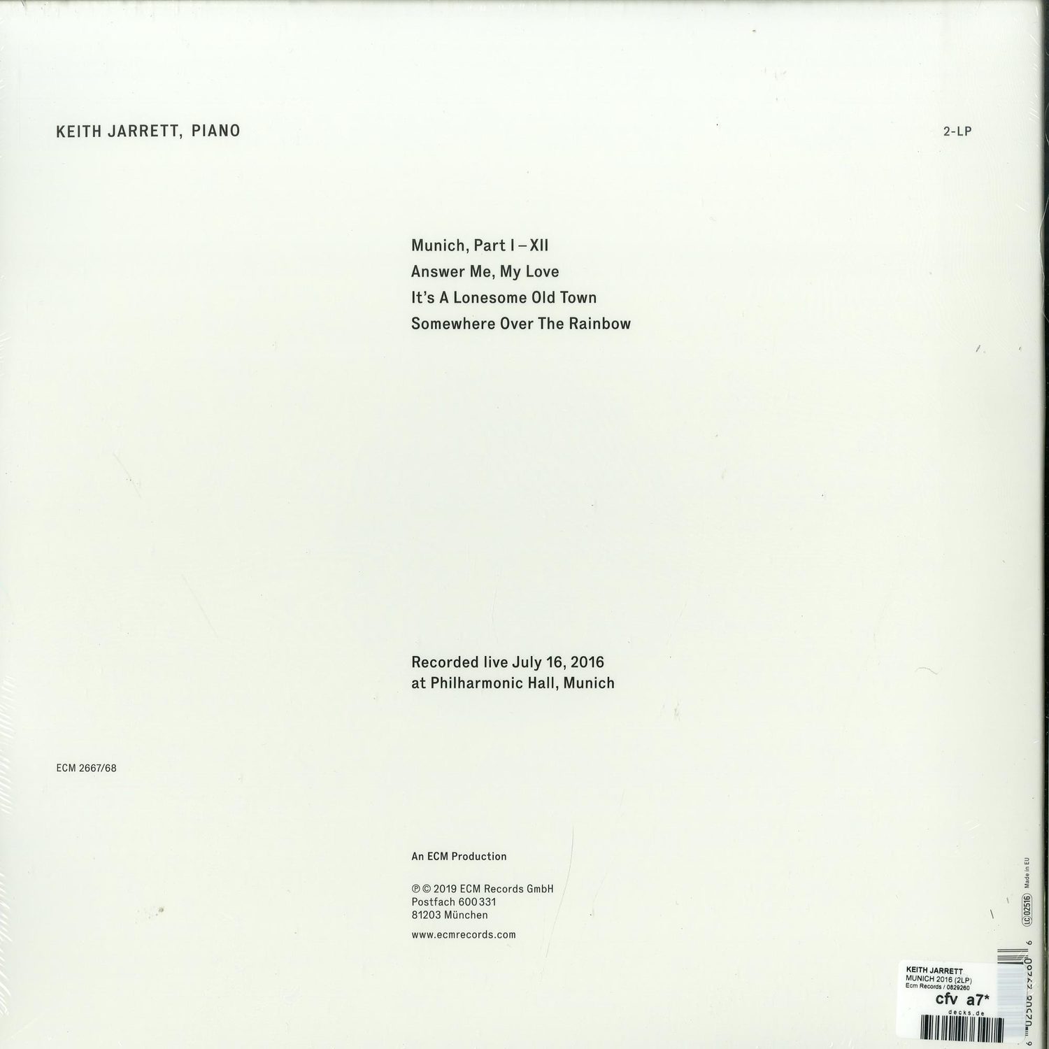 Keith Jarrett Munich 2016 レコード Munich 2016 (2枚組/180グラム重量盤レコード） : Keith Jarrett
