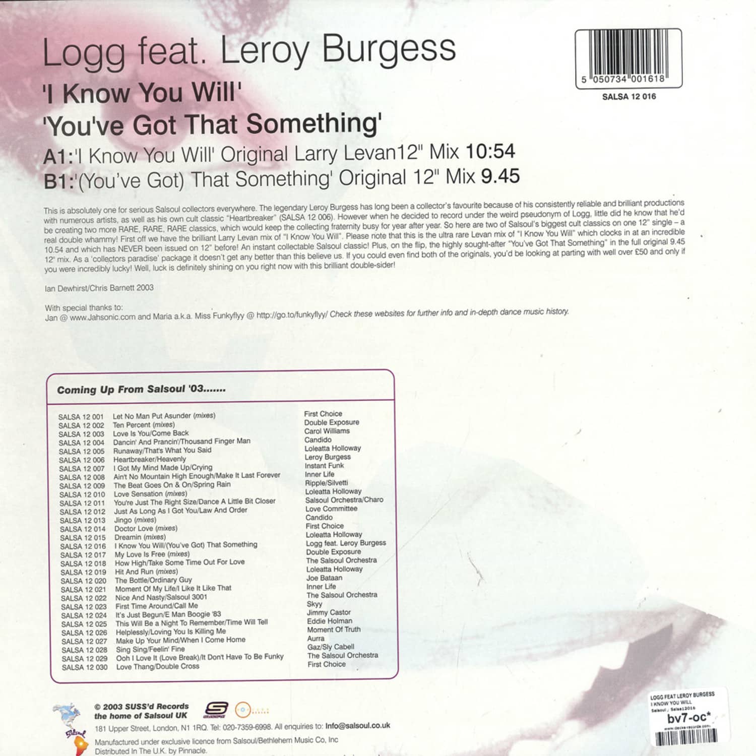 Logg feat. Leroy Burgess - I KNOW YOU WILL / Salsoul / Salsa12016