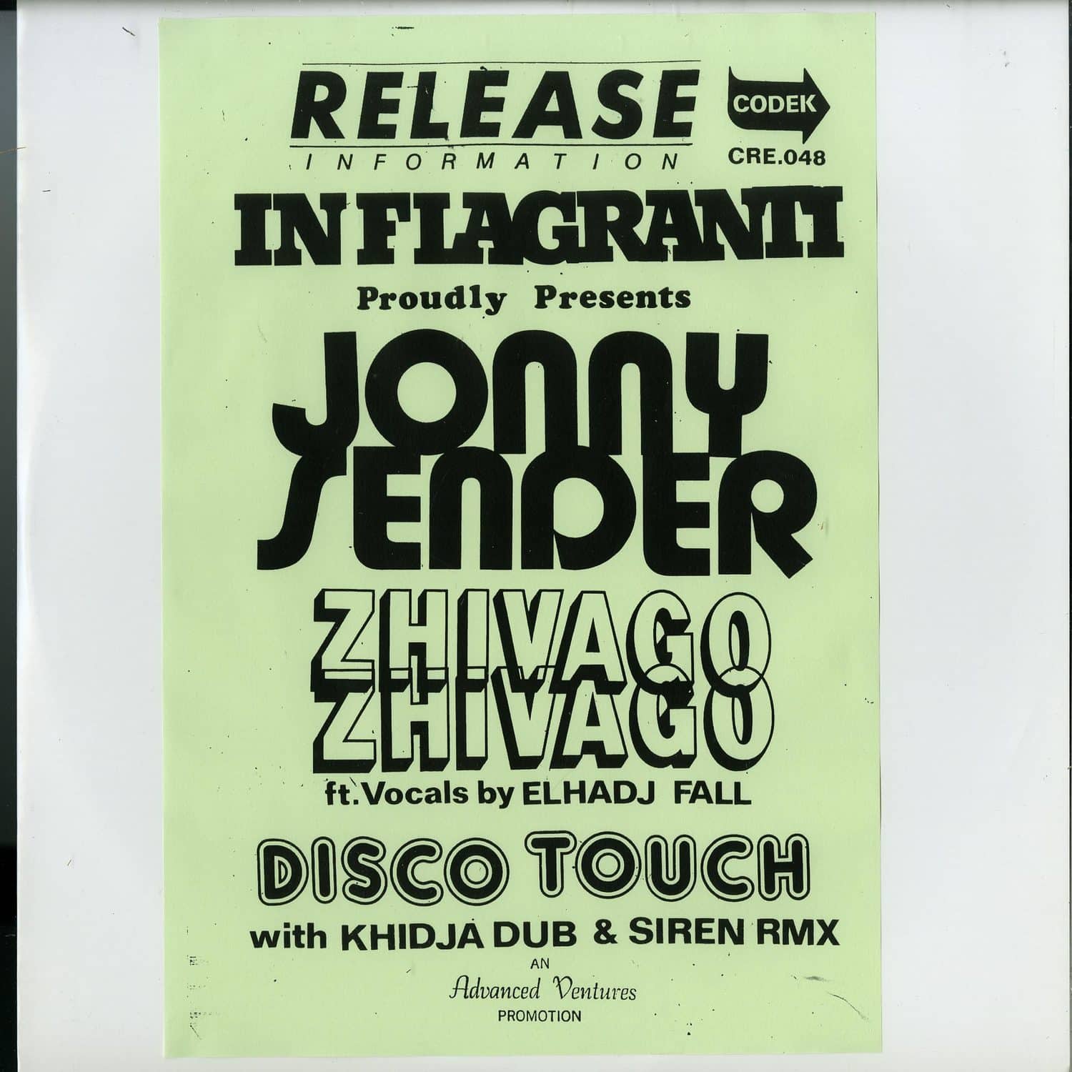 Jonny Sender - ZHIVAGO ZHIVAGO / DISCO TOUCH 