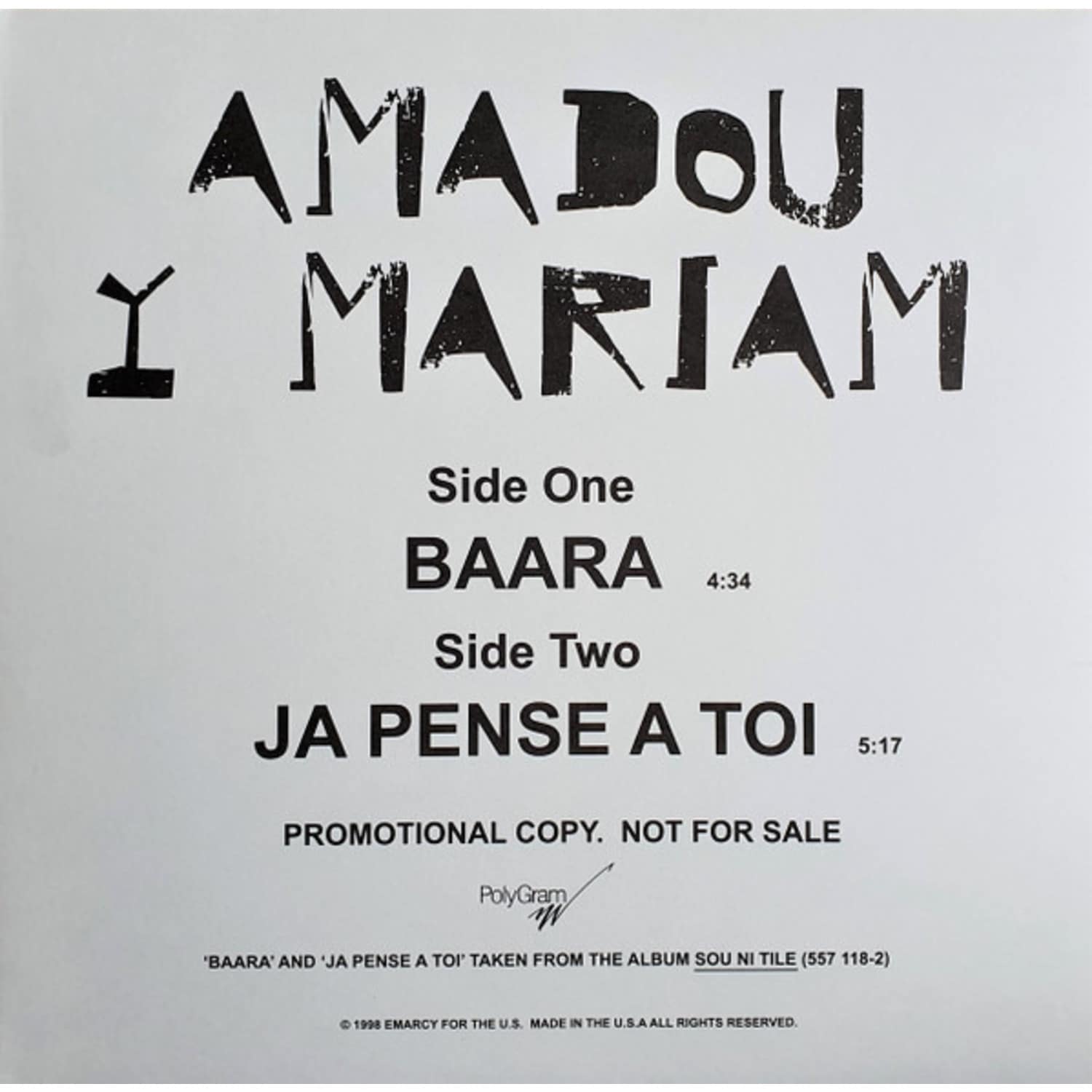 Amadou Y Mariam - BAARA/ JA PENSE A TOI